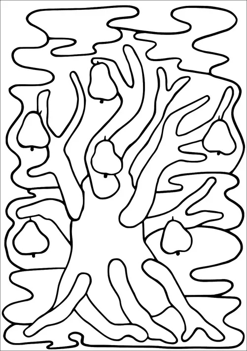 Un arbre avec plusieurs branches porte de grosses poires. L'arrière-plan est composé de motifs tourbillonnants, semblables à des nuages. Le tronc et les branches sont tordus dans une forme abstraite. Les poires sont réparties uniformément parmi les branches.