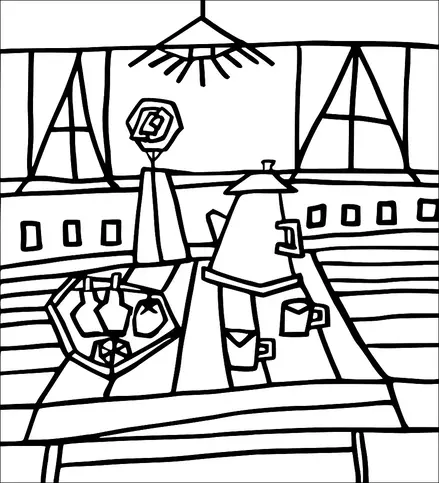 Une table de cuisine est dressée avec une théière et deux tasses. Il y a deux vases et une pomme dans un plateau hexagonal sur la table. De grandes fenêtres avec des rideaux et des carreaux sont visibles en arrière-plan. Un lustre pend au-dessus de la table, et une grande lampe géométrique se trouve à proximité.