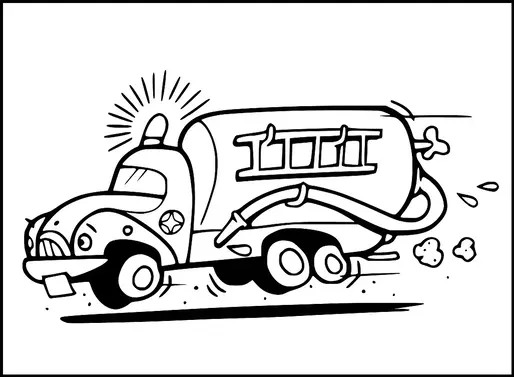 Un camion de pompiers est illustré avec un tuyau déployé et une échelle sur le dessus, se déplaçant rapidement avec des nuages de fumée indiquant la vitesse. Il présente une sirène sur le toit, suggérant l'urgence. Le camion a de grandes roues et une calandre proéminente à l'avant.