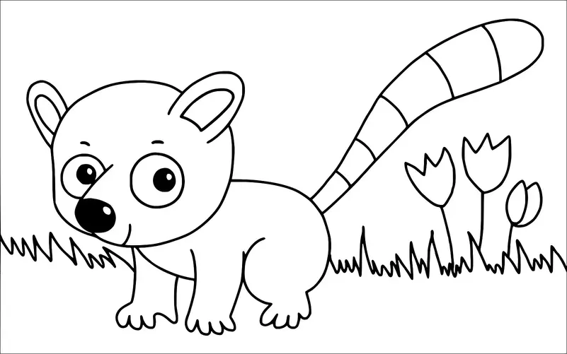 Un petit animal aux grands yeux et à la queue rayée se tient sur un patch d'herbe, à côté de quelques fleurs. La créature semble curieuse et attentive. Ses oreilles sont pointues et il a quatre pattes visibles. L'arrière-plan est simple, mettant en valeur l'animal et les fleurs.