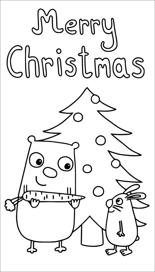 Deux animaux de dessin animé se tiennent devant un sapin de Noël décoré. Un animal tient une grande carotte et sourit, tandis que l'autre le regarde. Au-dessus d'eux, les mots "Joyeux Noël" sont affichés de manière proéminente. La scène a un thème de fête de fin d'année.