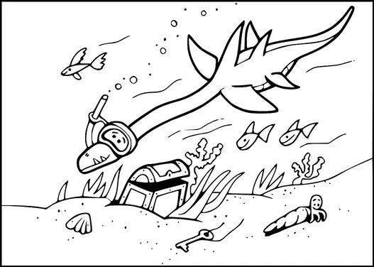 Un plésiosaure portant un masque de plongée nage sous l'eau, entouré de poissons et de plantes marines. Un coffre au trésor repose sur le fond de l'océan parmi des coquillages et une clé. À proximité, un ver sort du sol. Des bulles s'élèvent du plésiosaure.