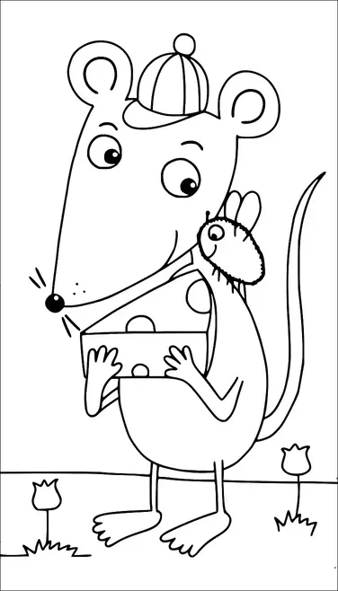 Une souris de dessin animé est debout de profil, tenant un morceau de fromage et portant un chapeau rayé. Une autre souris plus petite est assise sur son épaule. La scène se déroule en plein air, avec quelques fleurs qui poussent sur le sol. Le nez de la souris plus grande est pointu, et les deux souris ont de grandes oreilles rondes.
