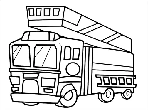 Un camion de pompiers est représenté avec une échelle déployée. Le véhicule a de grandes fenêtres et un pare-chocs avant proéminent. Il dispose de plusieurs roues et d'une échelle latérale. Les compartiments d'équipement sont visibles le long du côté du camion.