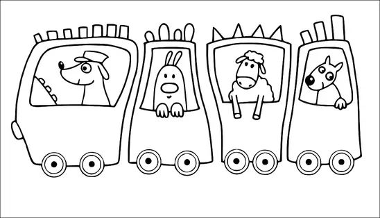 Une série de quatre wagons de train reliés sont occupés par des animaux de dessins animés, y compris un chien avec un chapeau, un lapin, un mouton et un autre chien avec des taches. Chaque animal semble jeter un coup d'œil par la fenêtre de son wagon respectif. Les roues des wagons de train sont espacées de manière égale avec des motifs circulaires simples. L'agencement suggère un voyage ludique et amical.