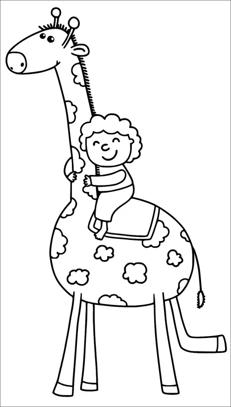 Un enfant est assis sur le dos d'une girafe souriante. La girafe a des taches distinctes et de petites cornes arrondies. L'enfant tient joyeusement le long cou de la girafe. Tous deux semblent joyeux dans cette scène ludique.