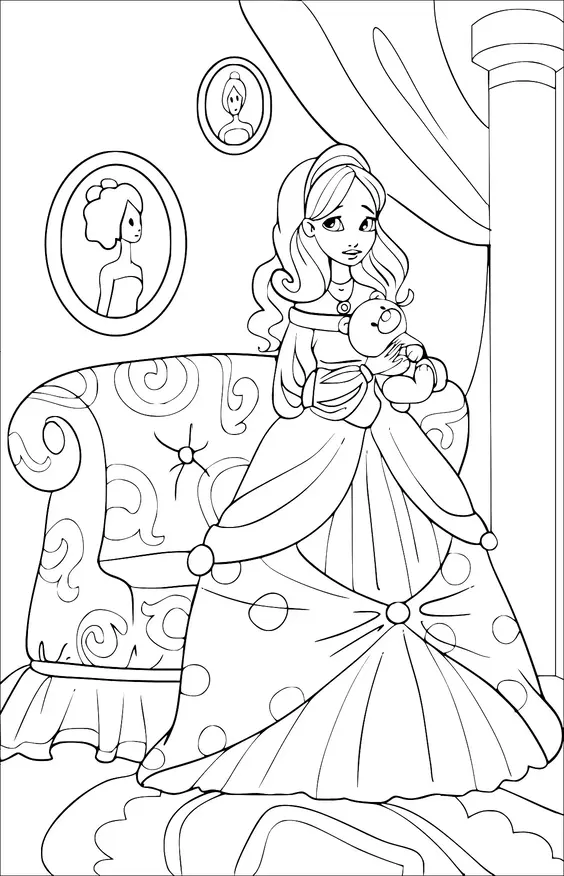 Une princesse tenant un ours en peluche se tient dans une pièce, ornée de meubles élaborés et de portraits encadrés sur le mur. La princesse porte une longue robe avec des accents à pois. Un grand rideau et une colonne sont visibles en arrière-plan. La pièce dégage une atmosphère élégante et royale.