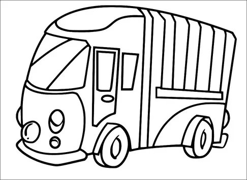 Un camion poubelle stylisé est représenté avec une cabine orientée vers l'avant et un conteneur arrière pour les déchets. La cabine arrondie présente des phares circulaires et une seule porte latérale. Le conteneur à déchets est représenté avec un panneau vertical, indiquant une zone de stockage. Les roues ont des enjoliveurs proéminents, suggérant le mouvement et la stabilité.