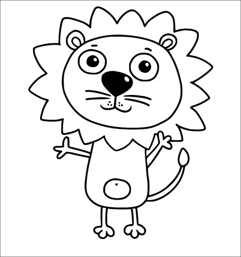Un lion de dessin animé se tient debout avec une expression joyeuse. Il a une grande crinière duveteuse et un petit corps rond avec une queue. Les yeux du lion sont grands ouverts, lui donnant une apparence animée. Son comportement amical est renforcé par le petit point représentant son nez.