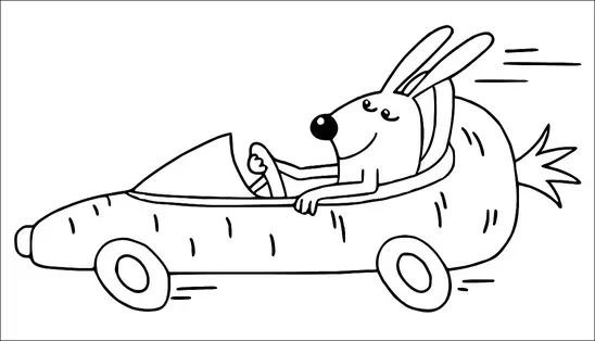 Un lapin conduit joyeusement une voiture qui ressemble à une énorme carotte. La voiture a un design détaillé avec un haut feuillu et des roues. Le lapin semble apprécier le trajet avec une expression satisfaite. Des lignes de mouvement suggèrent que le véhicule se déplace rapidement.