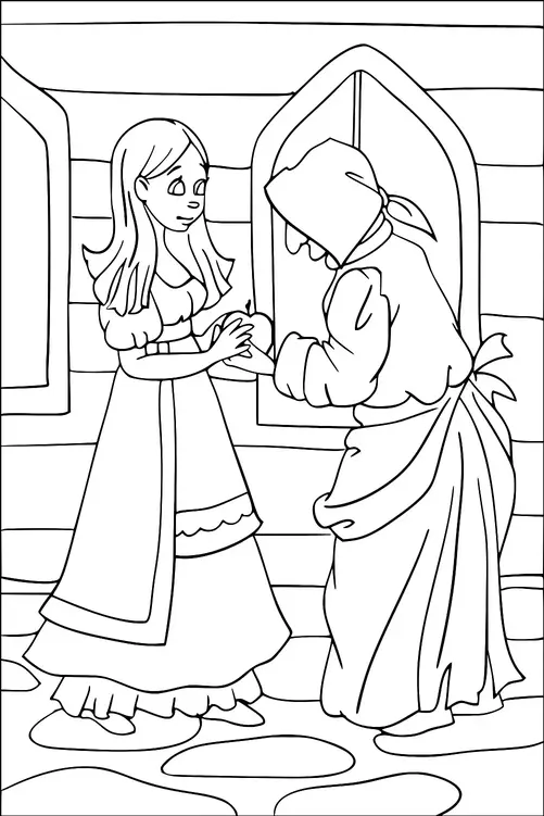 Une jeune femme en longue robe interagit avec une femme plus âgée portant une cape à capuche à l'extérieur d'une maison. La femme plus âgée semble donner une pomme à la jeune femme. Deux fenêtres en arc sont visibles à l'arrière-plan de la maison. La scène suggère un moment d'échange ou de dialogue.