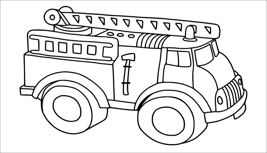 Un camion de pompiers avec une échelle sur le dessus est représenté, présentant de grandes roues et un design de hache sur le côté. Le véhicule a des fenêtres et une sirène sur le toit. C'est une représentation classique d'un véhicule d'urgence. Le camion de pompiers est montré sous une forme de contour simple.