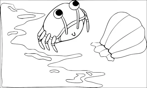 Un crabe joyeux aux grands yeux est positionné sur le sable près d'une grande coquille détaillée. L'arrière-plan montre des lignes fluides qui suggèrent des vagues ou de l'eau. La scène capture un environnement côtier avec un accent sur la vie marine.