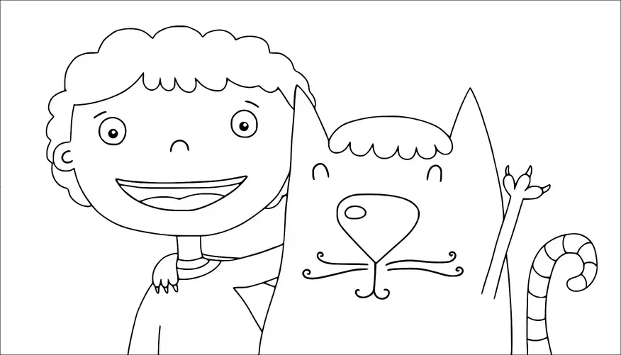 Un enfant souriant enlace un grand chat moustachu avec une queue bouclée, tandis que le chat lève une patte en signe de salutation. Les deux personnages semblent joyeux et amicaux. L'enfant a les cheveux bouclés et les yeux grands ouverts. Le chat présente des motifs faciaux complexes et une queue rayée distinctive.