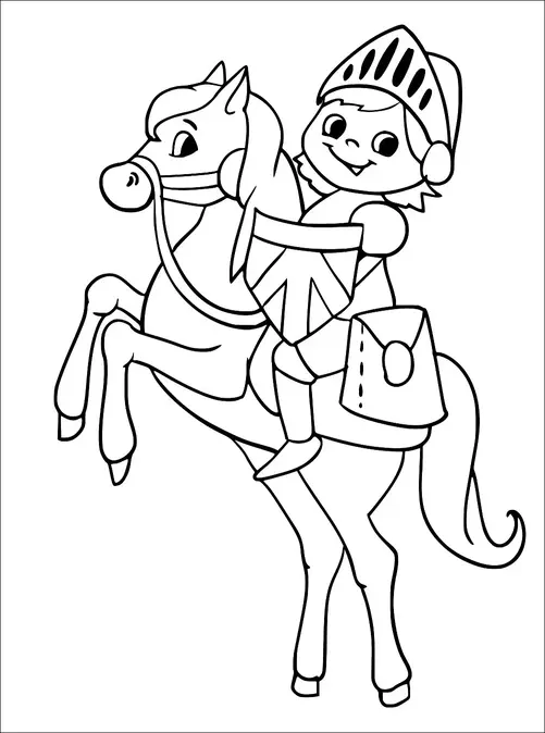 Un jeune chevalier chevauche joyeusement un cheval, tenant un bouclier. Le cheval se cabre sur ses pattes arrière. Le chevalier porte un casque et il y a une sacoche sur le cheval. Le chevalier et le cheval semblent stylisés et dessinés de manière caricaturale.