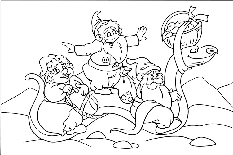 Trois joyeux lutins interagissent avec un grand dinosaure amical dans un paysage montagneux. Un lutin fait joyeusement des gestes dans l'air, tandis qu'un autre se tient à une corde attachée au dinosaure. Le dinosaure porte sur son dos un panier rempli de pommes. La scène est animée et dépeint un sens de l'aventure et de camaraderie.
