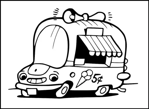 Un camion de glaces avec un visage amical et un nœud sur le dessus est représenté. Il a une fenêtre avec un auvent et affiche un graphique de cône de glace avec "5¢" écrit à côté. Le camion semble joyeux et est positionné sous un angle.