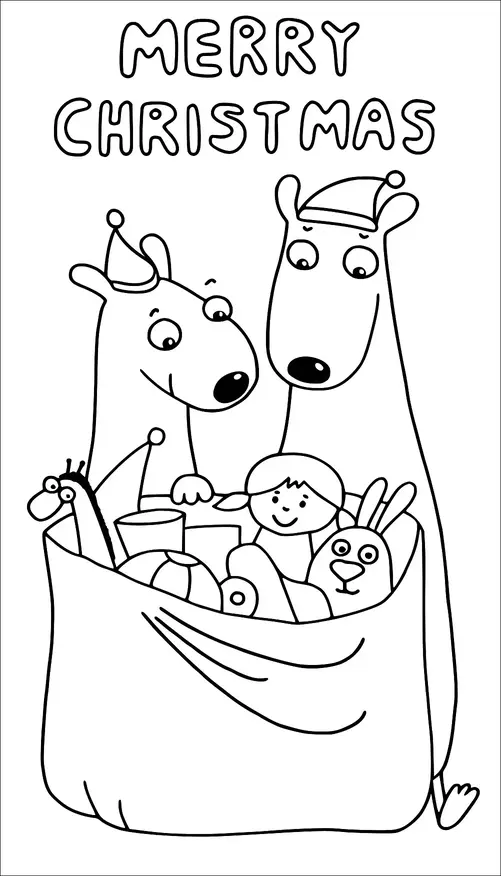 Deux animaux de dessin animé portant des chapeaux de Père Noël regardent dans un grand sac rempli de jouets. Les jouets comprennent une girafe, une poupée et un lapin. Au-dessus des animaux, le texte dit "Joyeux Noël". La scène dégage une atmosphère festive de Noël.