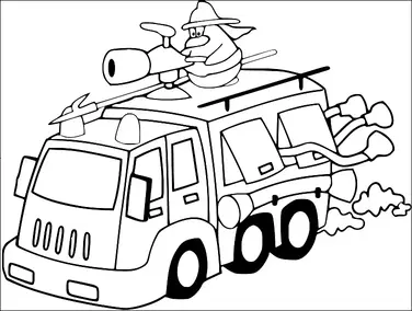 Un pingouin portant un casque de pompier est assis sur un camion de pompiers, tenant un tuyau. Le camion de pompiers est grand, avec une sirène sur son toit et des échelles attachées à son côté. Deux tuyaux sont enroulés à l'arrière du camion, et de la fumée ou des gaz d'échappement sont visibles derrière lui. La scène semble dynamique, suggérant un mouvement rapide.