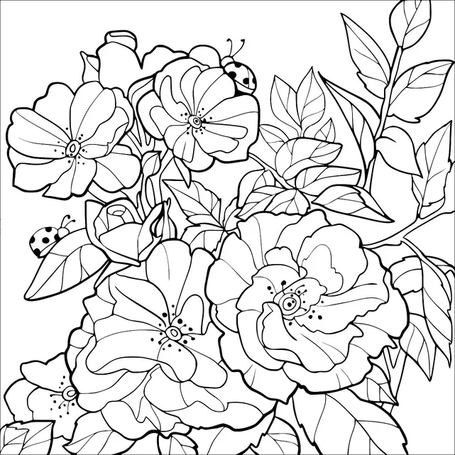 Un groupe de fleurs en fleurs est entouré de feuilles détaillées. Deux coccinelles rampent sur les feuilles, ajoutant une touche de vie à la scène. Les fleurs ont de grands pétales et des centres complexes, créant une apparence luxuriante. Les feuilles varient en taille et en forme, améliorant le sentiment naturel de l'image.