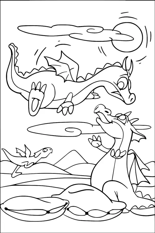 Un groupe de dragons est représenté dans une scène ludique, avec un dragon volant dans le ciel et un autre assis sur le sol, interagissant avec lui. En arrière-plan, on peut voir des montagnes et un soleil avec des nuages, ajoutant un sens de l'aventure. Le ciel présente un plus petit dragon volant parmi les nuages. Le cadre général suggère un paysage mythique.