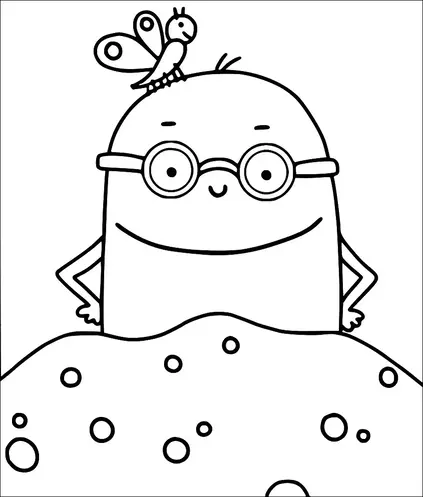 Un personnage joyeux avec des lunettes se tient derrière une butte couverte de cercles de différentes tailles. Un petit oiseau aux grandes ailes repose sur la tête du personnage. Le personnage a une expression simple et amicale avec un sourire. Le cadre suggère une scène ludique et imaginative.
