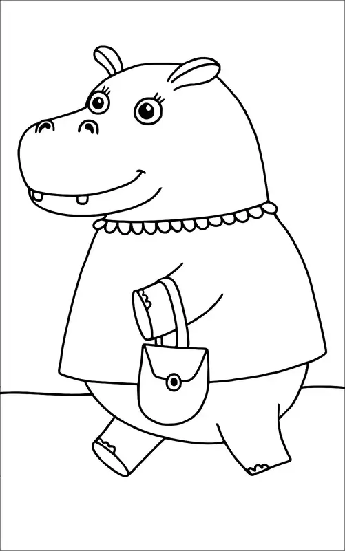 Un hippopotame joyeux marche debout, portant un collier et tenant un sac à main. L'hippo a une expression satisfaite et avance énergiquement. Ses oreilles sont dressées et il a quelques dents visibles. La scène donne un sentiment de mouvement ludique.