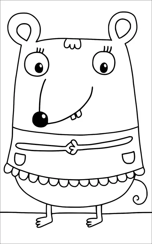 Une souris de dessin animé se tient debout avec de grandes oreilles rondes et un gros nez. Elle a une petite queue et des yeux avec de longs cils. La souris porte une robe simple avec des manches courtes et un ourlet à volants. Sa pose semble amicale et joyeuse.