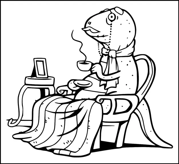 Un dinosaure est assis confortablement dans une chaise, sirotant du thé avec une expression sereine. Il porte une écharpe et a une couverture drapée sur ses jambes pour se réchauffer. Une petite table à côté de la chaise contient une photo encadrée. Le cadre suggère un moment de loisir et de détente.