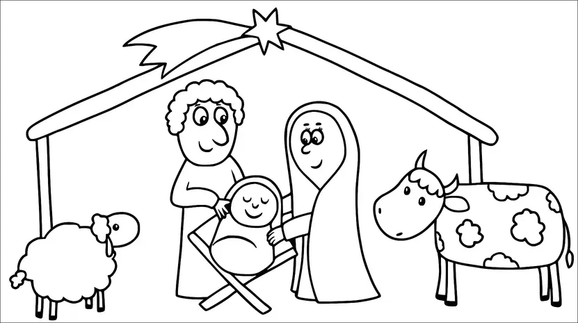Une scène de la nativité montre Marie et Joseph debout à côté de bébé Jésus dans une crèche sous une étable. Une étoile est vue brillant au-dessus de l'étable. À proximité, un mouton et une vache sont présents. La scène capture le cadre traditionnel de la naissance de Jésus.