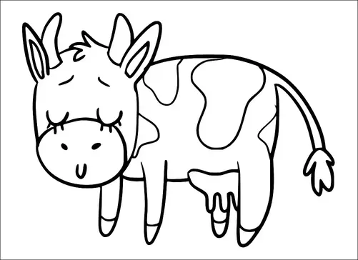 Une vache de dessin animé souriante avec les yeux fermés a des taches sur son corps et une touffe de poils sur sa tête. Elle a des oreilles tombantes et une queue simple se terminant par une touffe. La vache est dessinée dans une pose détendue et paisible. Son pis est visible sous son ventre.