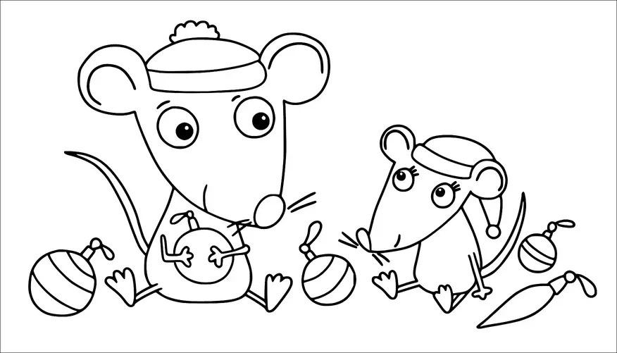 Deux souris de dessin animé sont assises ensemble, portant des bonnets d'hiver. Elles sont entourées de décorations de Noël. Une souris tient une décoration. La scène suggère un cadre festif et de vacances.