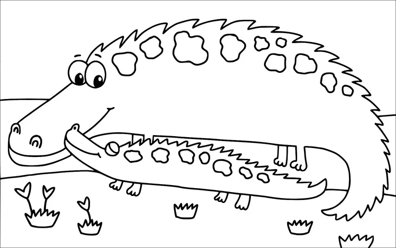 Une mère crocodile est représentée avec son bébé, tous deux affichant des expressions joyeuses. L'arrière-plan comprend de petites touffes d'herbe, suggérant un environnement de rive de rivière. Les crocodiles ont des écailles à motifs distincts sur leur dos. L'image véhicule un sentiment de soin et de famille.