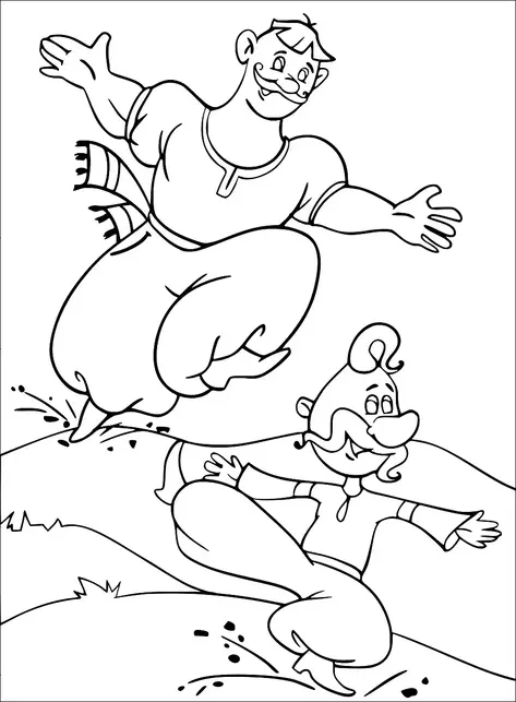 Deux hommes joyeux et moustachus aux traits exagérés sautent joyeusement par-dessus des collines. Ils portent tous deux des tenues traditionnelles, possiblement avec des pantalons et des chemises amples. L'un a une écharpe nouée autour de sa taille, accentuant le sens du mouvement. Ils semblent profiter d'un moment ludique dans un cadre extérieur.