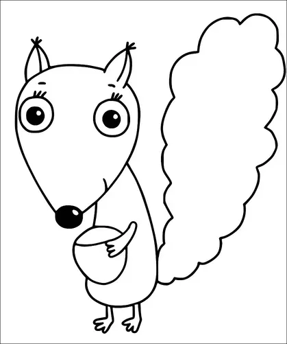 Un écureuil de style dessin animé avec de grands yeux tient un gland. L'écureuil a une queue touffue, se tenant debout sur ses pattes arrière. Ses oreilles sont dressées et il regarde droit devant. Le design est minimaliste et centré sur le personnage.
