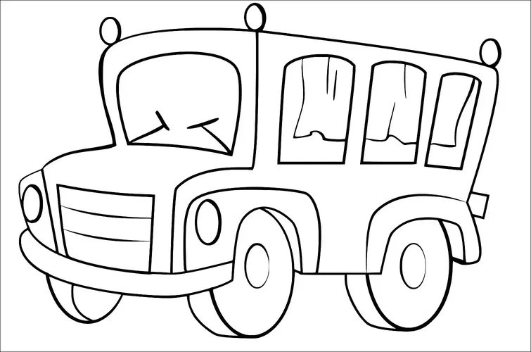 Un bus de dessin animé est représenté avec des phares circulaires, de grandes roues arrondies et plusieurs fenêtres avec des rideaux. Le design est simple et ludique, présentant des proportions exagérées. Le bus a une calandre souriante et de petits rétroviseurs circulaires sur le dessus.