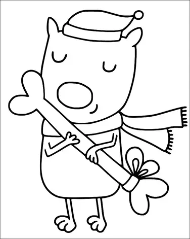Un chien de dessin animé porte un chapeau de Père Noël et une écharpe tout en tenant joyeusement un gros os enveloppé d'un ruban. Les yeux du chien sont fermés et il semble satisfait. Le cadre suggère un thème festif et de vacances. Le personnage a une apparence simple et joyeuse.
