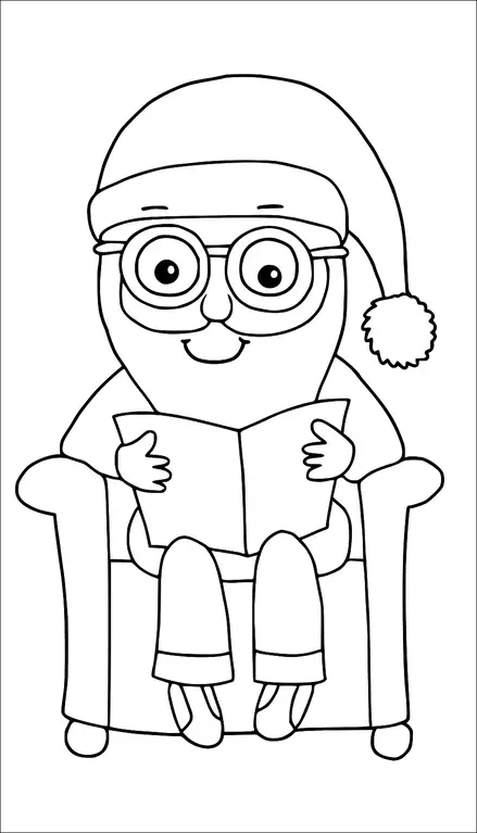 Un personnage avec des lunettes est assis dans une chaise, portant un chapeau de Père Noël et tenant un livre. L'expression sur le visage est joyeuse et détendue. Le personnage est habillé de vêtements simples avec des pantoufles. La scène suggère une atmosphère chaleureuse et festive.