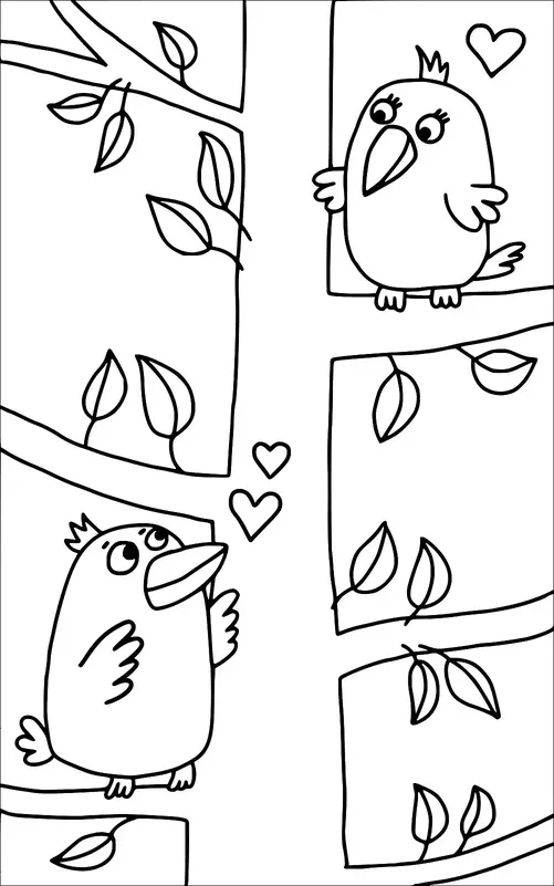 Deux oiseaux sont positionnés de part et d'autre d'un tronc d'arbre, entourés de feuilles. L'oiseau en bas à gauche regarde vers le haut en direction de l'autre oiseau avec une expression d'adoration. L'oiseau en haut à droite regarde vers le bas, et des cœurs flottent entre eux, suggérant de l'affection. La scène se déroule parmi des branches et des feuilles stylisées.