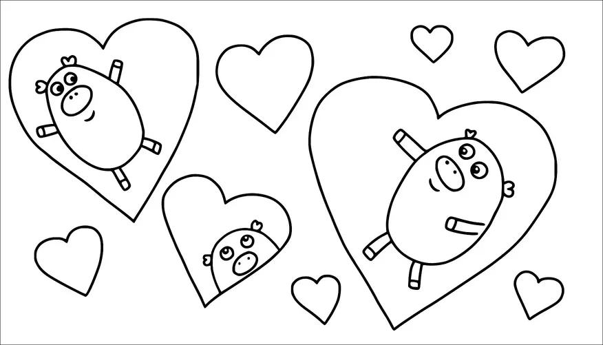 Trois porcelets aux expressions de dessin animé sont à l'intérieur de grands cœurs. De plus petits cœurs sont dispersés autour d'eux, renforçant un thème d'affection. Les porcelets semblent joyeux et enjoués. Ils ont chacun des poses distinctes, ajoutant à la vivacité de l'image.