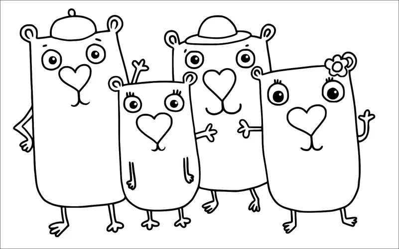 Un groupe de quatre animaux de dessin animé, ressemblant à des ours, se tiennent ensemble, chacun avec un nez en forme de cœur et des yeux expressifs. Un ours porte un chapeau, et un autre a une fleur sur son oreille. Ils ont de petits membres simples et se tiennent debout. La scène globale véhicule un sentiment de famille ou d'amitié.