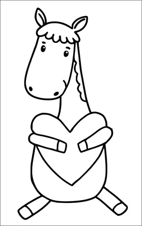 Un cheval de dessin animé est assis avec les jambes croisées et tient un grand cœur dans ses pattes avant. Le cheval a une expression amicale avec des oreilles dressées et une crinière simple. Son corps est arrondi et il semble content ou heureux. L'image suggère un thème d'amour ou d'affection.