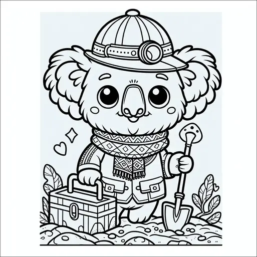 Un koala habillé en explorateur se tient debout tenant une pelle et une boîte à outils. Il porte une écharpe confortable et un casque avec une lampe frontale. Autour de lui se trouvent de petites plantes et des feuilles. Il y a aussi des symboles décoratifs de diamant et de cœur à proximité.