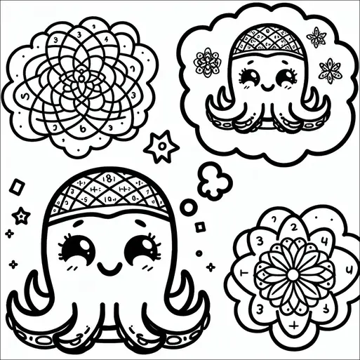 Une pieuvre à l'expression joyeuse est entourée de motifs mathématiques et de bulles de pensée. Les motifs comprennent des dessins complexes avec des chiffres et des symboles. Des étoiles et des formes géométriques flottent autour de la pieuvre. La composition est ludique et éducative, présentant des éléments de résolution de problèmes.