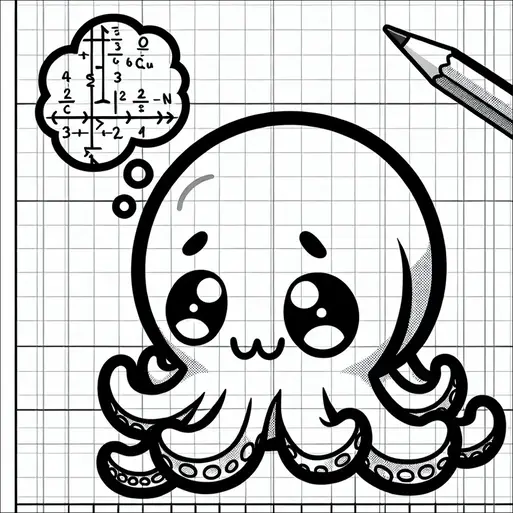 Une pieuvre est représentée avec une expression pensée, ayant une bulle de pensée contenant une équation mathématique complexe. L'arrière-plan présente un motif de grille, suggérant un cahier ou du papier graphique. Un crayon est positionné dans le coin supérieur droit, laissant supposer une scène de dessin ou de résolution de problème mathématique. La pieuvre a de grands yeux et un petit sourire.