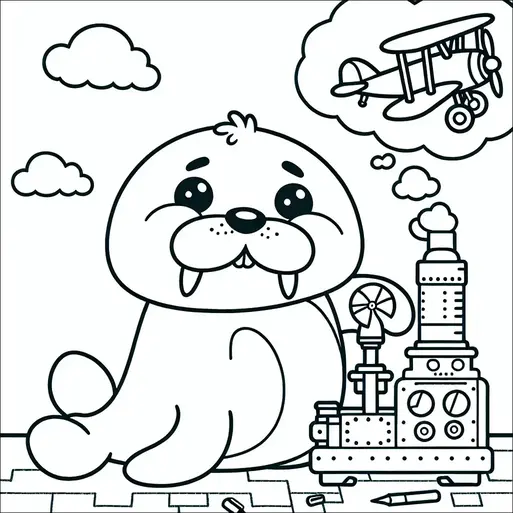 Un morse souriant est assis sur un sol recouvert de pièces de puzzle, à côté d'une locomotive à vapeur jouet. Au-dessus de sa tête, une bulle de pensée montre un avion volant parmi les nuages. Des crayons sont éparpillés sur le sol, suggérant un environnement ludique. Des nuages duveteux flottent en arrière-plan, ajoutant à la scène fantaisiste.