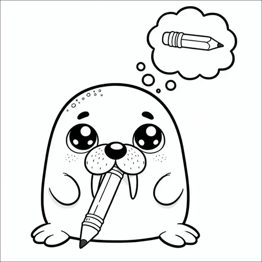 Un mignon morse tient un crayon dans sa bouche, avec de grands yeux regardant vers le haut. Au-dessus de sa tête, une bulle de pensée montre un crayon. Le morse semble pensif ou curieux à propos de l'objet dans sa bouche. L'image a un thème ludique et imaginatif.