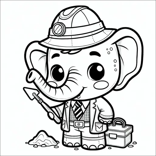 Un éléphant habillé en archéologue tient une pelle et se tient à côté d'un petit monticule de terre. Il porte un casque avec une lampe frontale et un costume avec une cravate. Une boîte à outils repose sur le sol à proximité. L'éléphant a l'air joyeux et prêt pour une fouille.