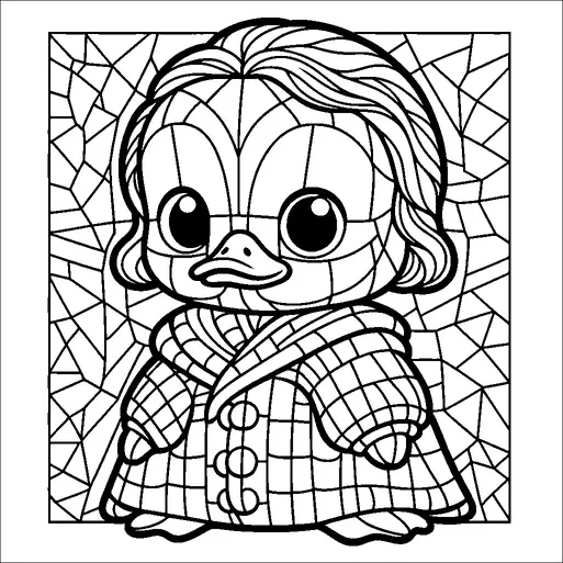 Un adorable caneton aux grands yeux est représenté portant une robe douillette boutonnée et un arrière-plan texturé rempli de formes géométriques. Le caneton a un visage rond avec un petit bec et des ailes courtes visibles à travers la robe. Ses cheveux sont coiffés avec des lignes ondulées. La robe détaillée et l'arrière-plan suggèrent une atmosphère calme et confortable.