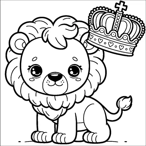 Un mignon lion de dessin animé avec une crinière volumineuse est assis contentement, regardant directement en avant. Au-dessus de sa tête, il y a une grande couronne ornée, décorée de petits cœurs et d'une croix sur le dessus. Le lion a de grands yeux expressifs et une expression amicale. Sa courte queue se recourbe légèrement à la pointe.